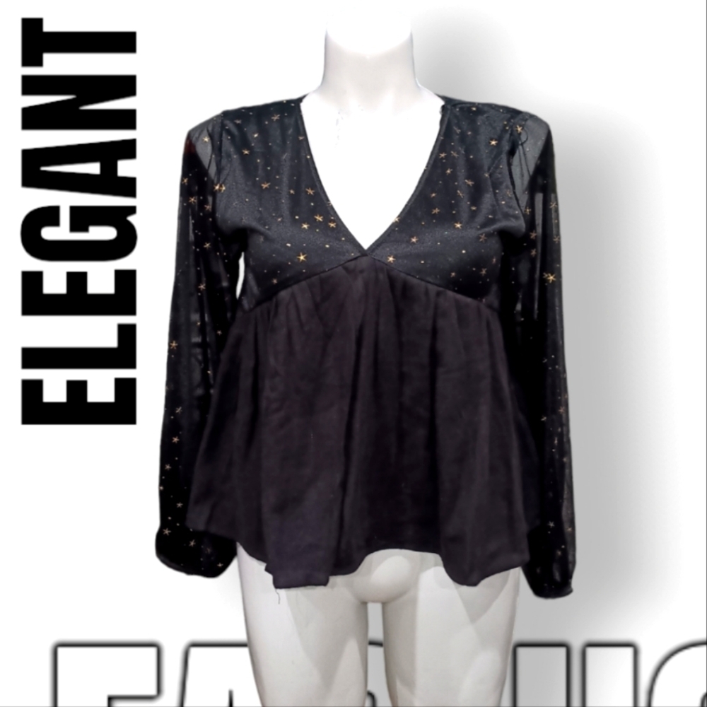 UMGEE Peasant Blouse Ballon Sheer Sleeve Plunge Neck Casual Top Gold Accent Sz M